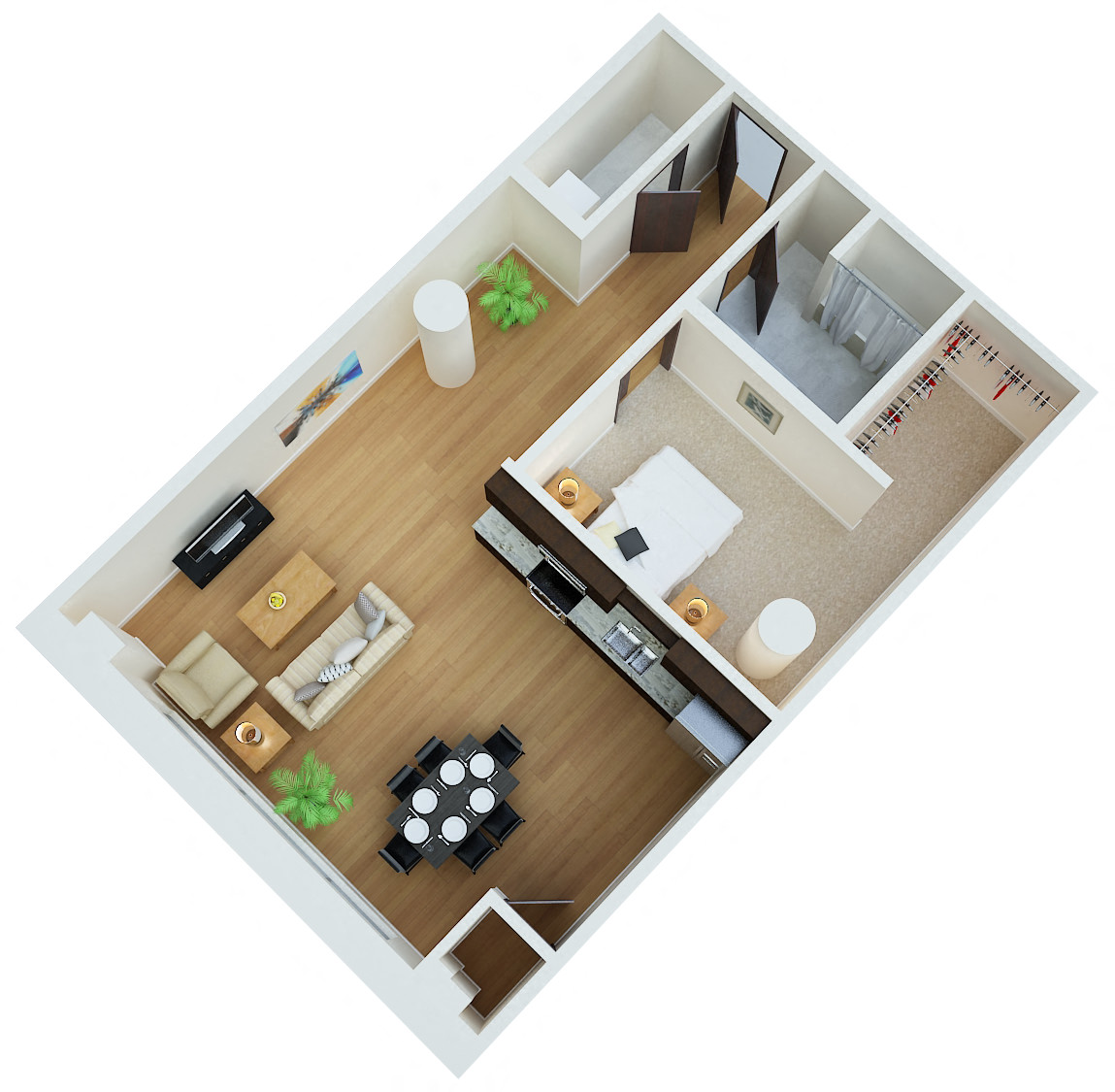 Floor plan for 1 bed, 1 bath, 965 sqft